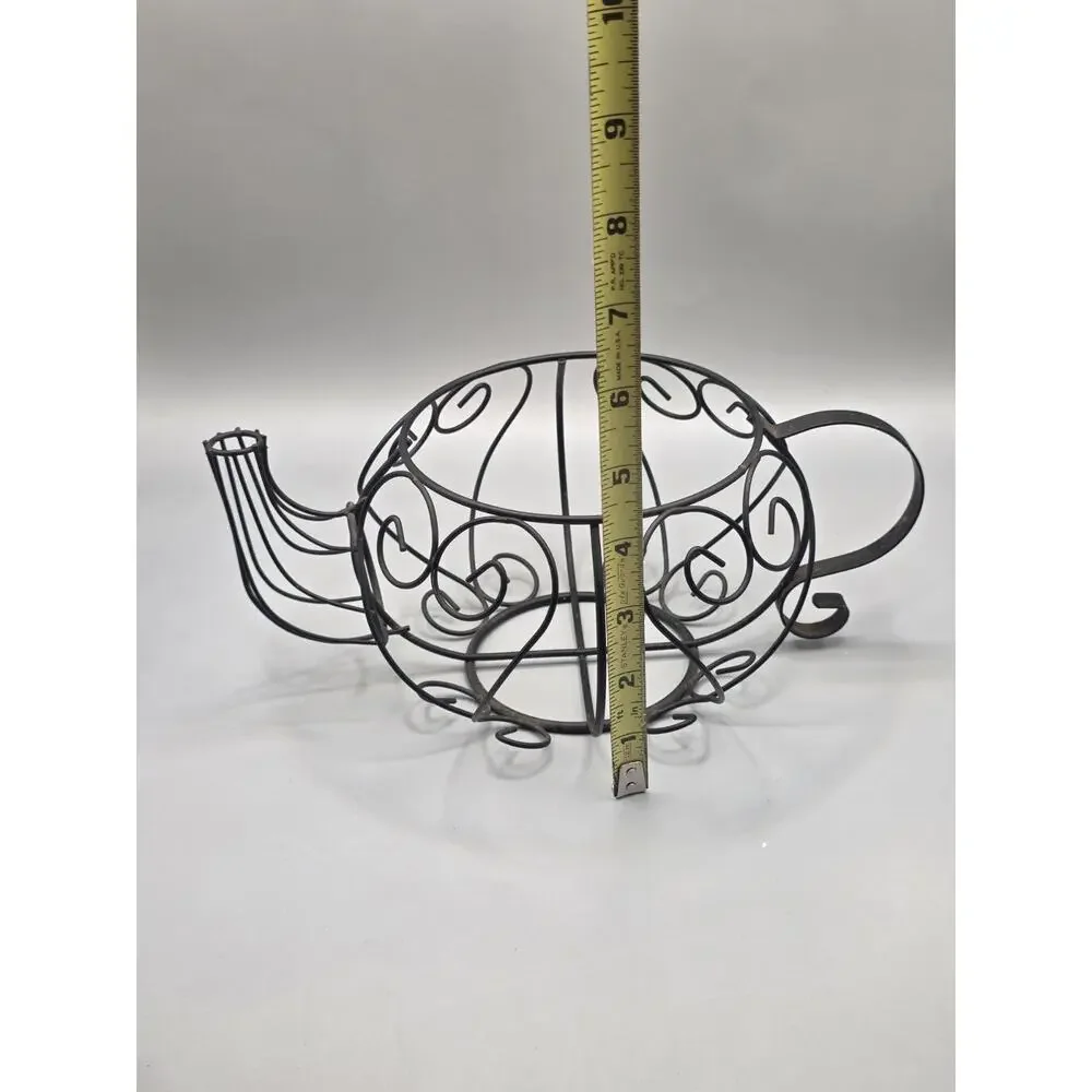 Vintage Black Wrought Iron Teapot Wire Basket Planter Kitchen Decor Scrollwork